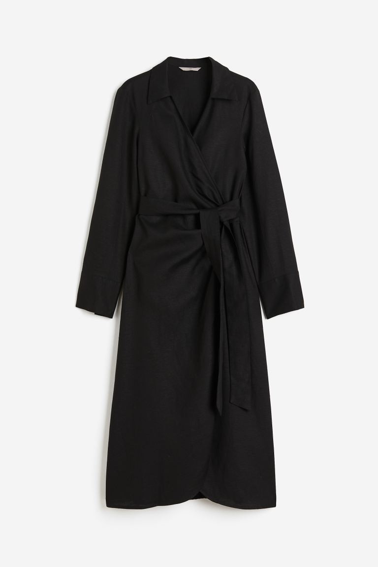 Linen-blend Wrap Dress - Long sleeve - Midi - Black - Ladies | H&M US | H&M (US + CA)