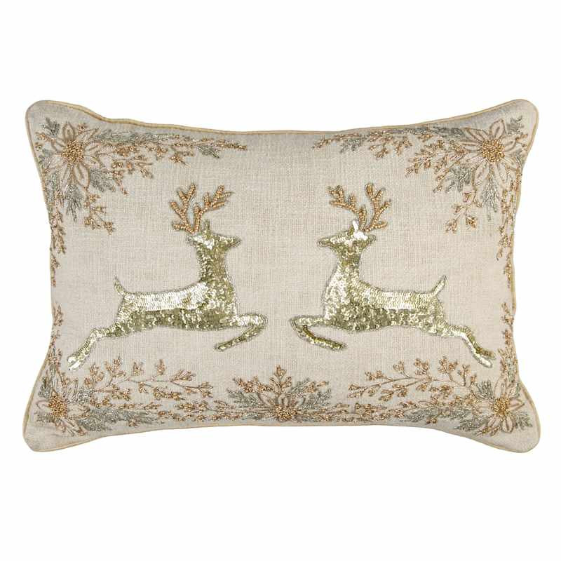 Christmas Reindeer Embroidered & Beaded Throw Pillow, Gold, Poly-Cotton | At Home