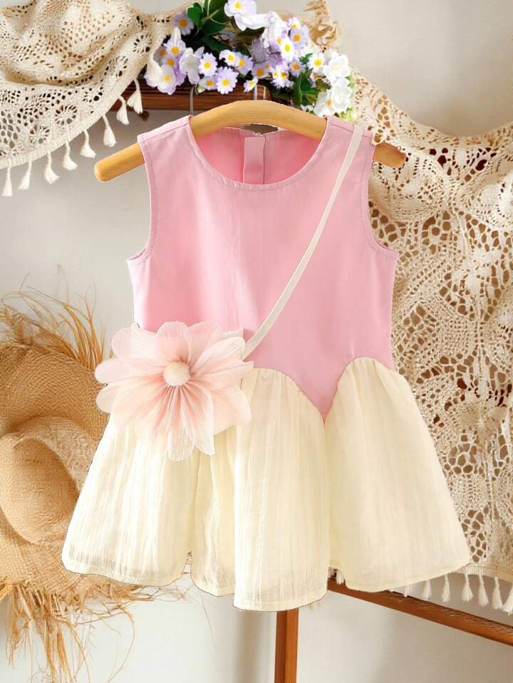 SHEIN Vintaside Kids Vestido De Cola De Sirena De Verano Para Niñas Con Adorno De Flores, Estilo Princesa Con Mini Bolso, Nuevo Diseño | SHEIN