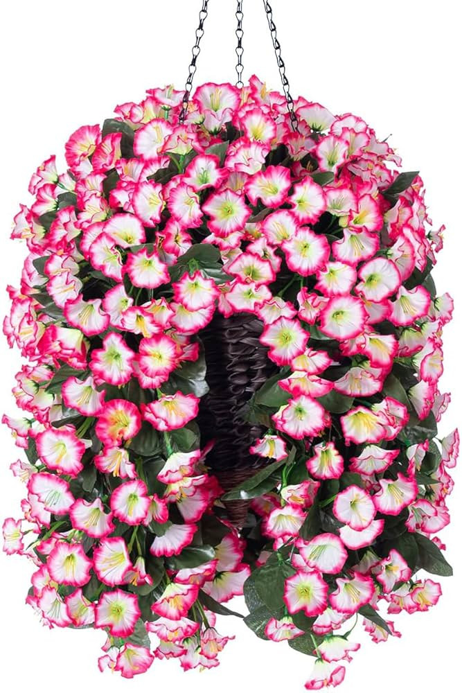 Artificial Fake Hanging Flowers Plants Basket for Outdoor Outside Decoration, Faux Silk Pink Morn... | Amazon (US)
