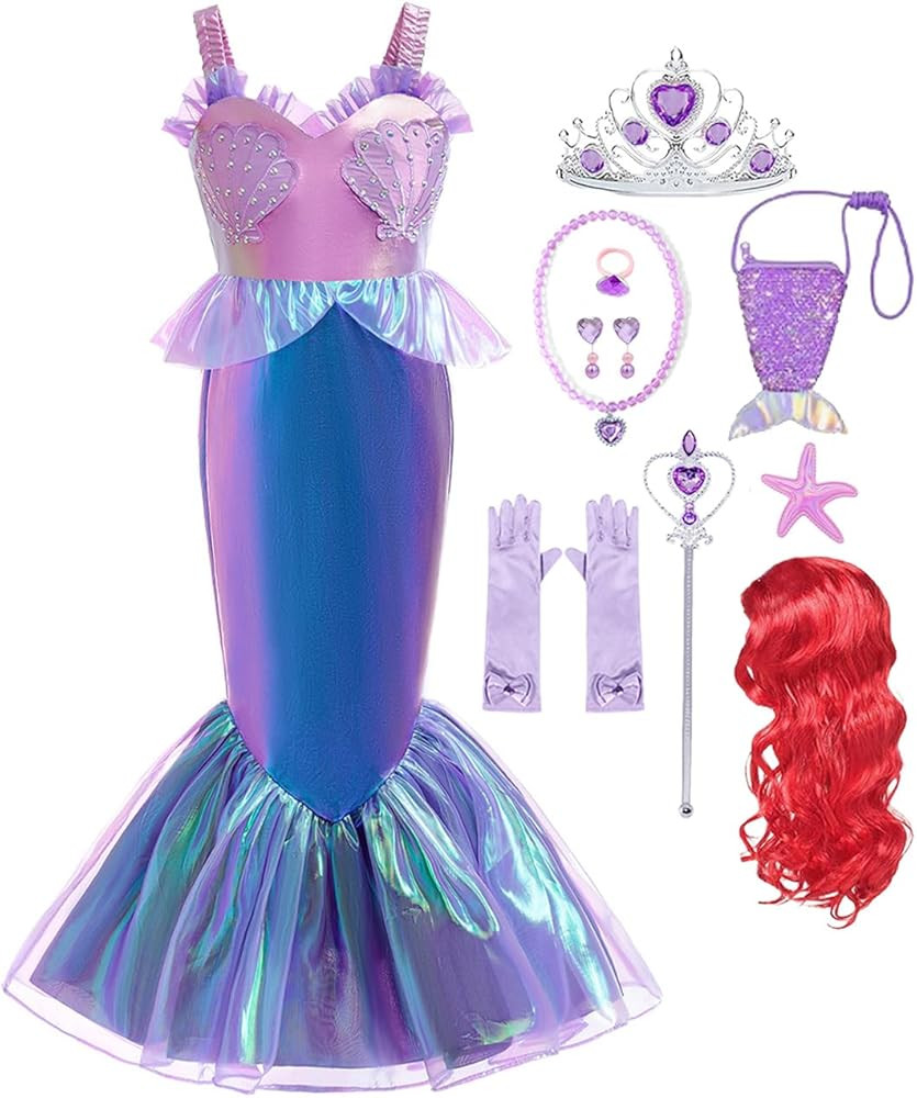 Litttle Mermaid Costume Girls Princess Ariel Dress Up Purple Outfit with Wig for Birthday Hallowe... | Amazon (US)