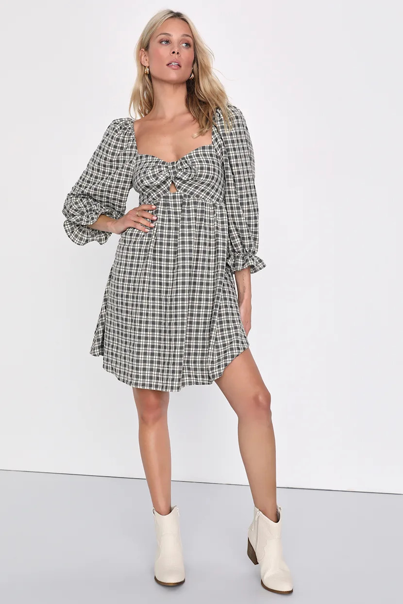 Charismatic Crush Grey Plaid Tie-Front Balloon Sleeve Mini Dress | Lulus (US)