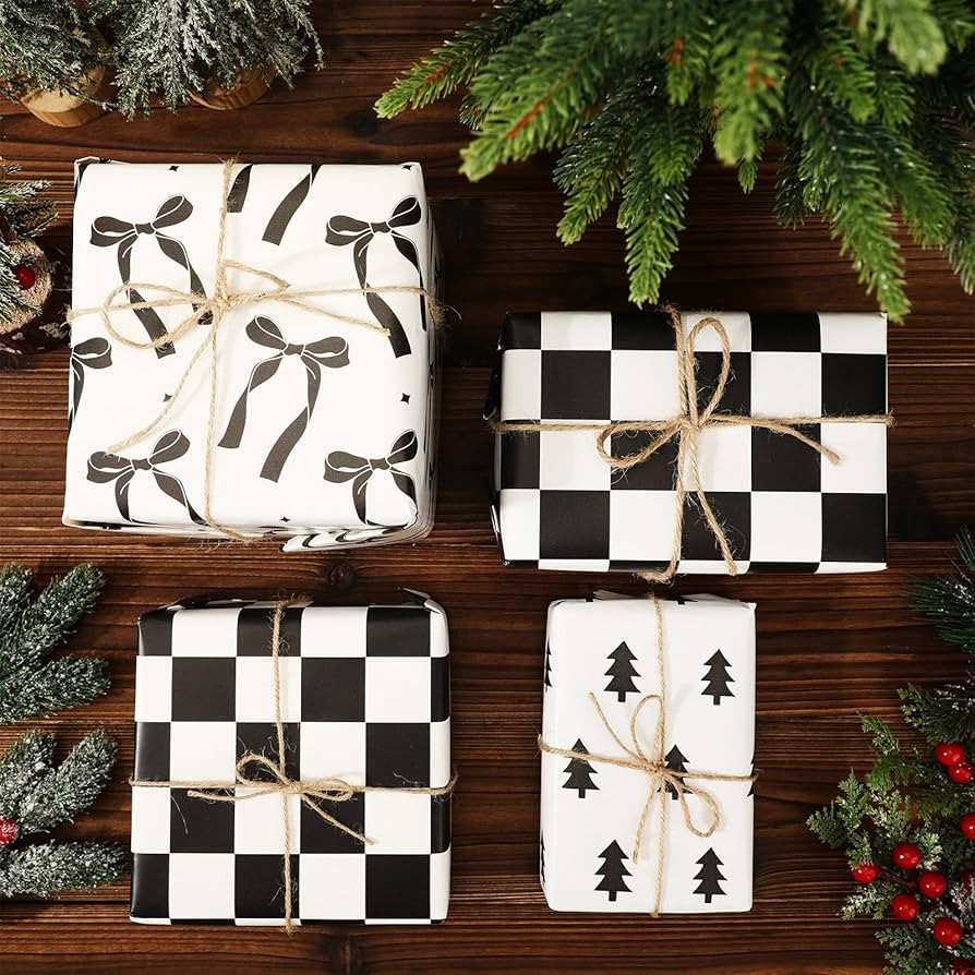 AmazingSpark 3 Rolls Black and White Christmas Wrapping Paper 15.7 in x 32.8 ft Black Bow, Christ... | Amazon (US)