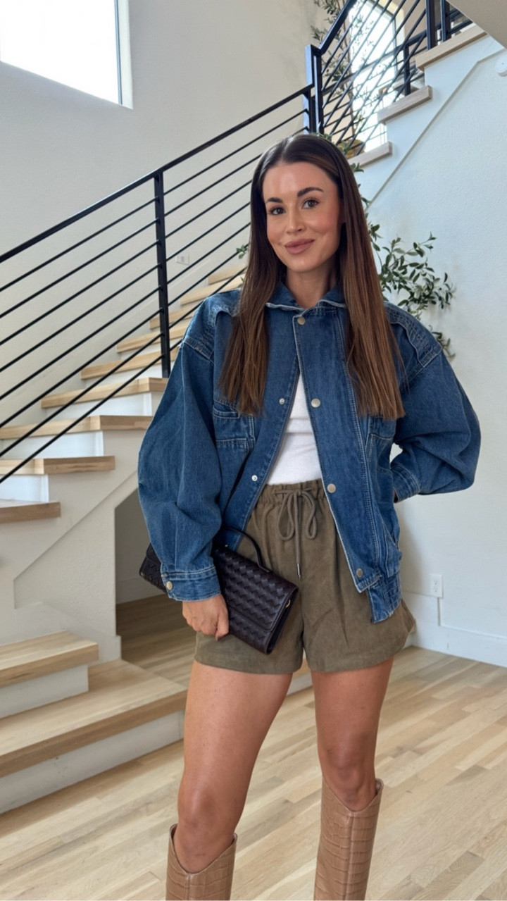 I still can’t believe this denim jacket is from Target! It’s so good. I styled this look with my one sleeve white top — such a great basic and staple to have in your closet. This is another great way to style these suede shorts!

Target style
Target outfits
White long sleeve top
Denim jacket
Suede shorts
Brown handbag
Chocolate brown
Knee high boots
Fall style
Fall outfits

#LTKStyleTip #LTKFindsUnder100 #LTKFindsUnder50