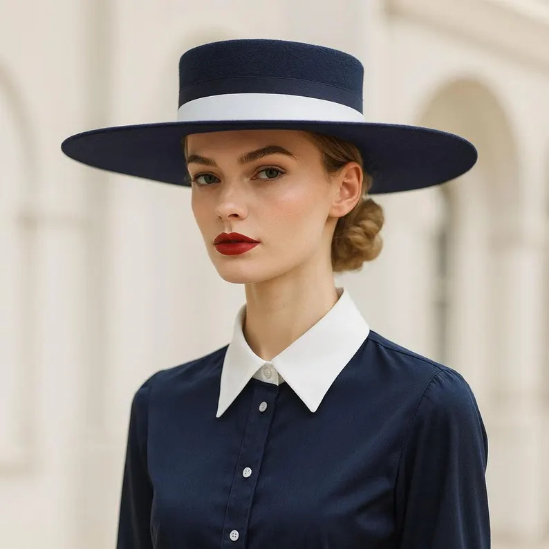 BLUEBERRY Dark Navy Blue Wool Boater Hat Contemporary Draped Style Hat for Weddings, Royal Ascot,... | Etsy (US)