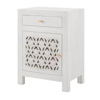 Hallie Carved Single Door 1-Drawer Whitewash Nightstand (30 in. H x 22 in. W x 15 in. D) | The Home Depot