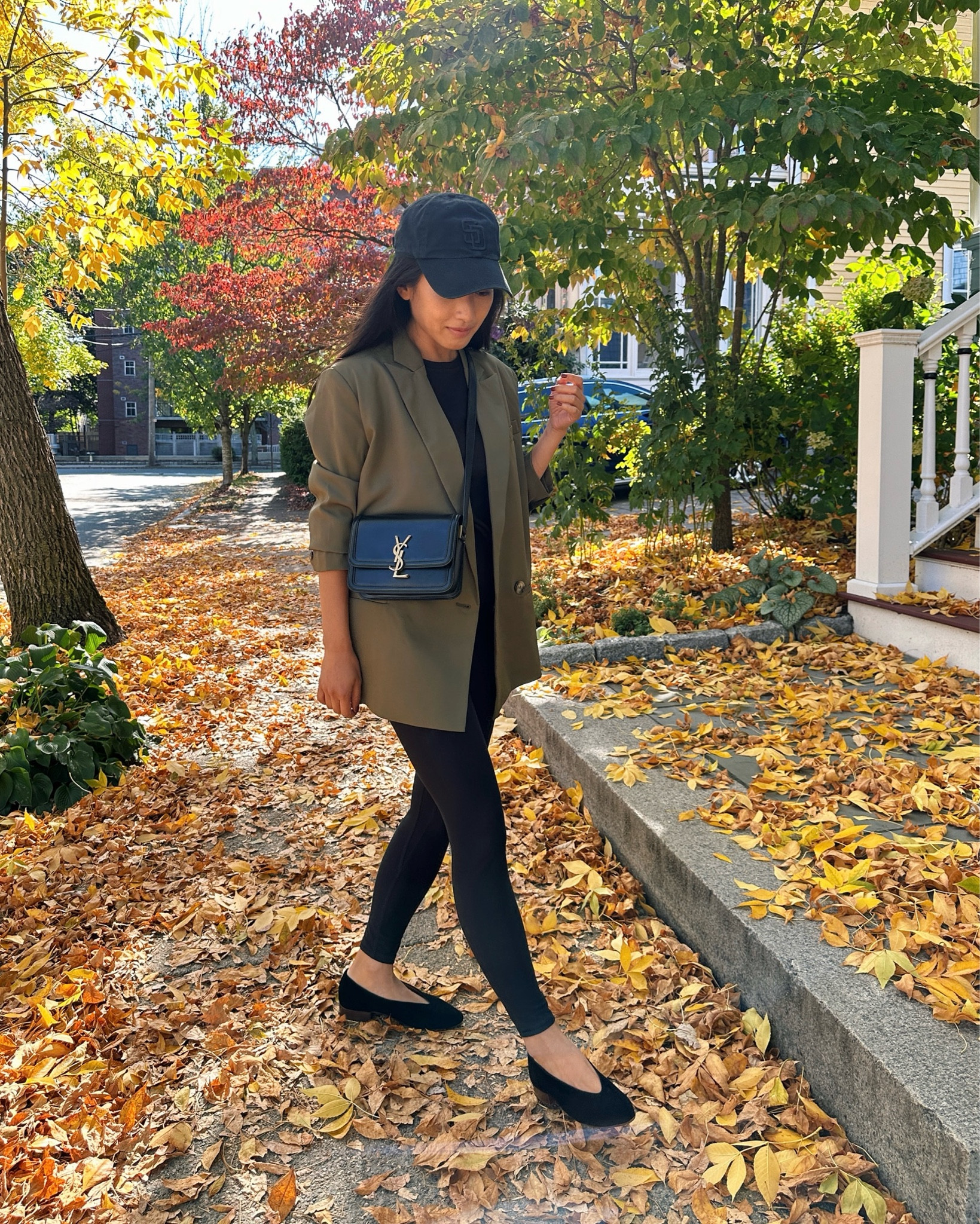 Fall outfit with leggings and flats 
• Abercrombie 7/8 leggings Xs short. Use code AFJEAN for extra discount off their Black Friday sale

I size up in these AF leggings since I want them to be fitted but not skin tight. 

Also linked my favorite winter version from uniqlo heattech ultra warm fleece lined - I wear 11-12 kids and have multiple pairs for backups!

• sezane flats size 5 worn with heel lifts 

Tuckernuck has a super similar style I’ve been eying in velvet - use code MERRY for 20% off 

• Saint Laurent Solferino small bag 

• Amazon bodysuit tee Xs. Very soft and comfy 

• old ASOS blazer. I went 2 sizes up for a very oversized look to wear with leggings. Could potential get a similar look with the old navy blazer I have in a bigger size 

• 47 brand black clean up baseball cap. I have these in several colors 

Travel outfit, athleisure outfit, casual ballet flats 

#LTKStyleTip #LTKTravel #LTKShoeCrush