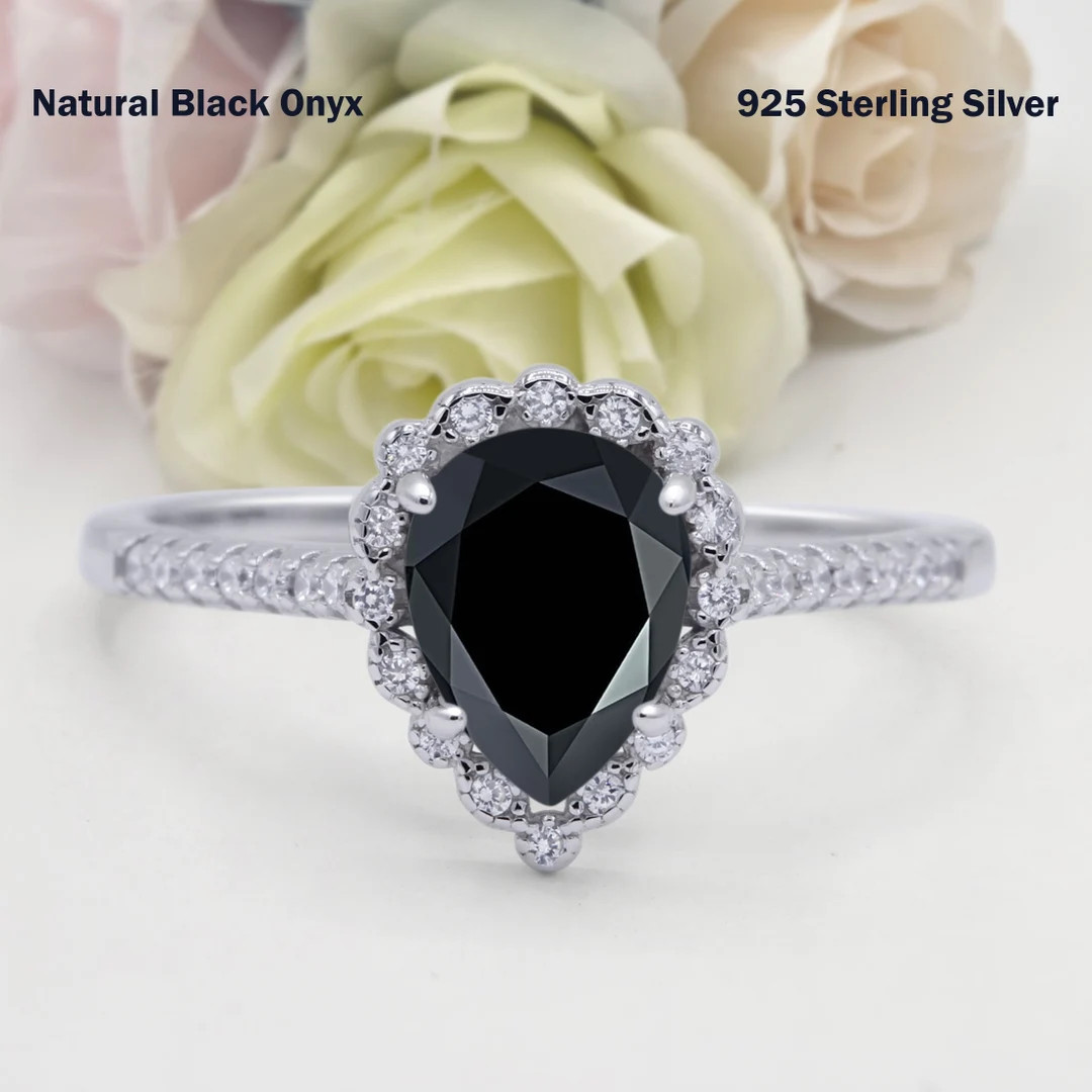 1.25 Carat Teardrop Pear Vintage Style Halo Natural Black Onyx Wedding Engagement Bridal Band Rin... | Etsy (US)