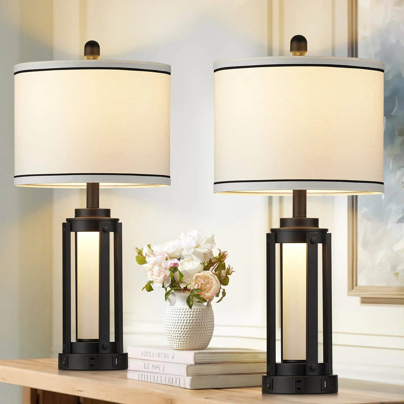 17 Stories Tatyanna 26 in. Metal USB Table Lamp Set with Type-C Port, and Built-in-Outlet & Revie... | Wayfair North America