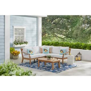 Hampton Bay Woodford Eucalyptus Wood Outdoor Conversation Set with CushionGuard Bright White Cush... | The Home Depot
