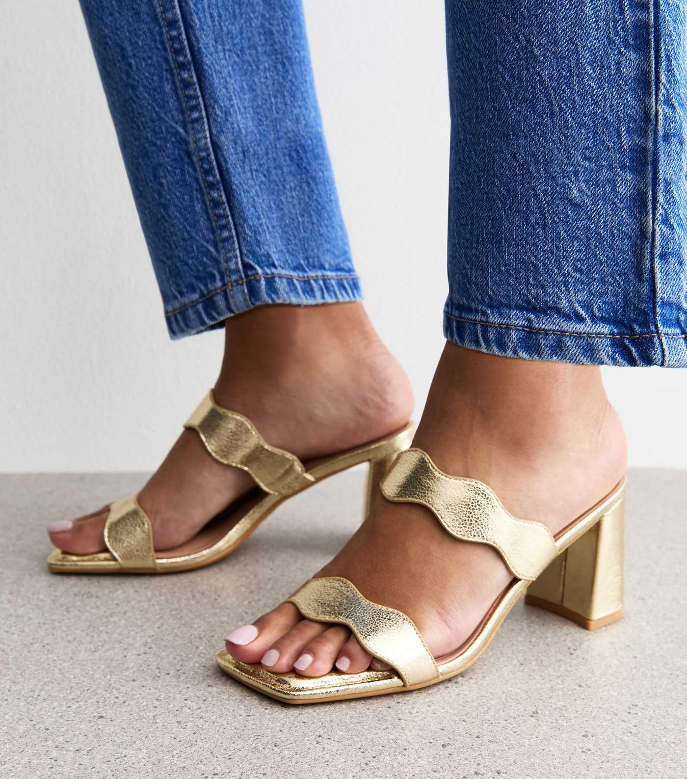 Gold Metallic Faux Leather Scalloped Strap Mule Sandals | New Look | New Look (UK)