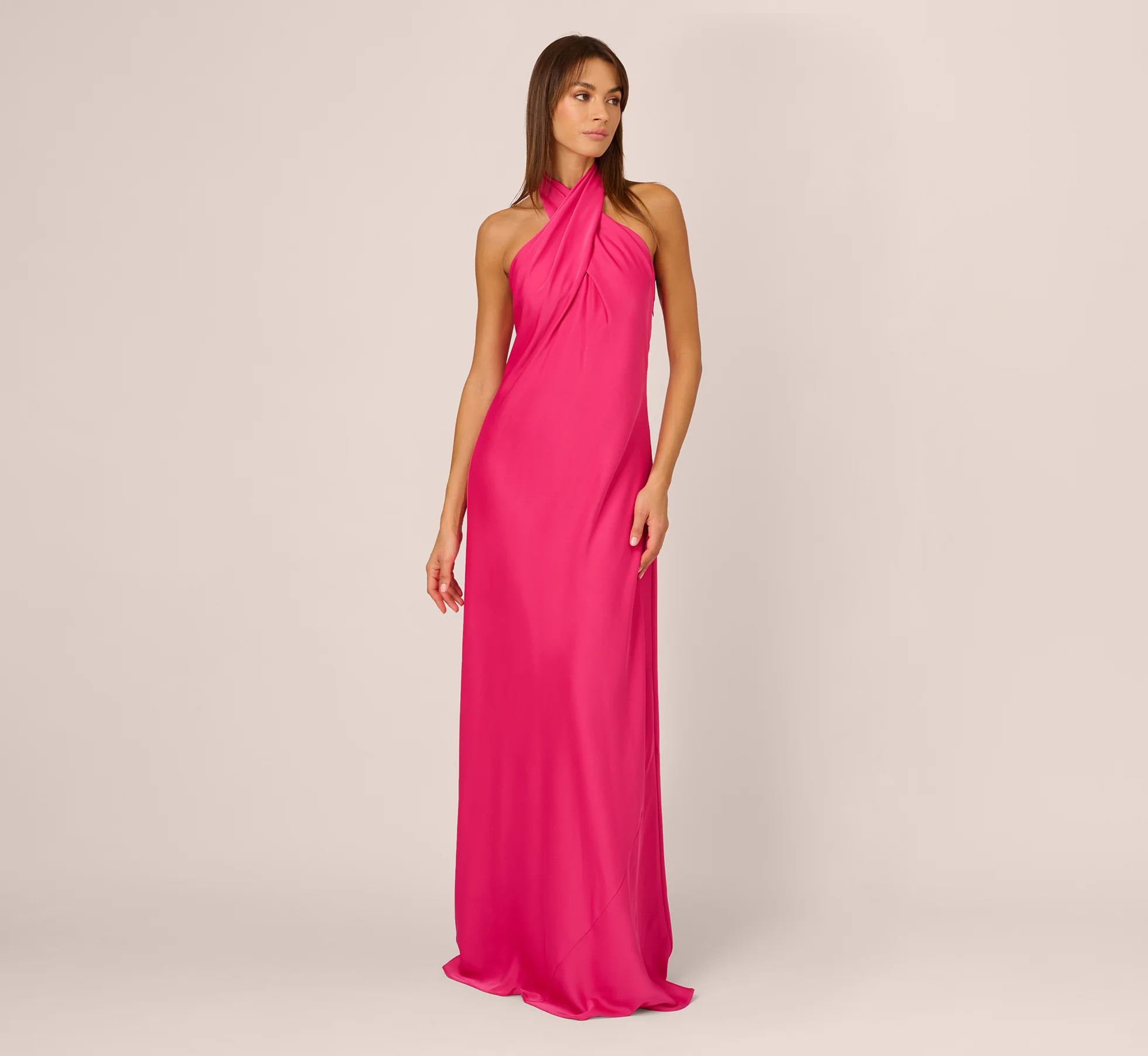 Stretch Satin Mermaid Gown With Halter Neckline In Hot Pink | Adrianna Papell