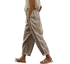 TIAFORD Women's Summer Casual Linen Pants Elastic Waist Relaxed Fit Straight Leg Crop Pants Beach... | Amazon (US)
