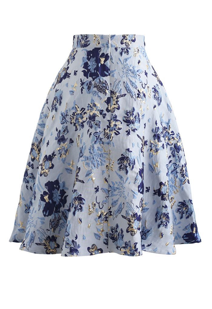 Blue Floral Embossed Jacquard Midi Skirt | Chicwish
