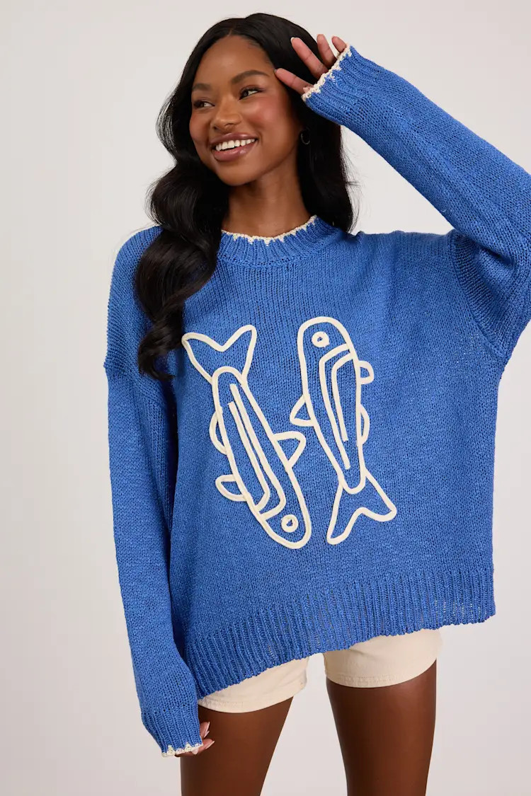 Montauk Blue Embroidered Pullover Sweater | Lulus