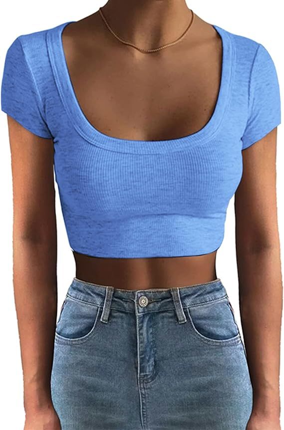 ANGGREK Women 's Short Sleeve Square Neck Ribbed Knit Cropped T Shirt Slim Fit Casual Basic Y2k T... | Amazon (US)