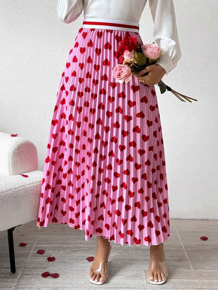 SHEIN Privé Women's Love Heart Printed Pleated Skirt | SHEIN