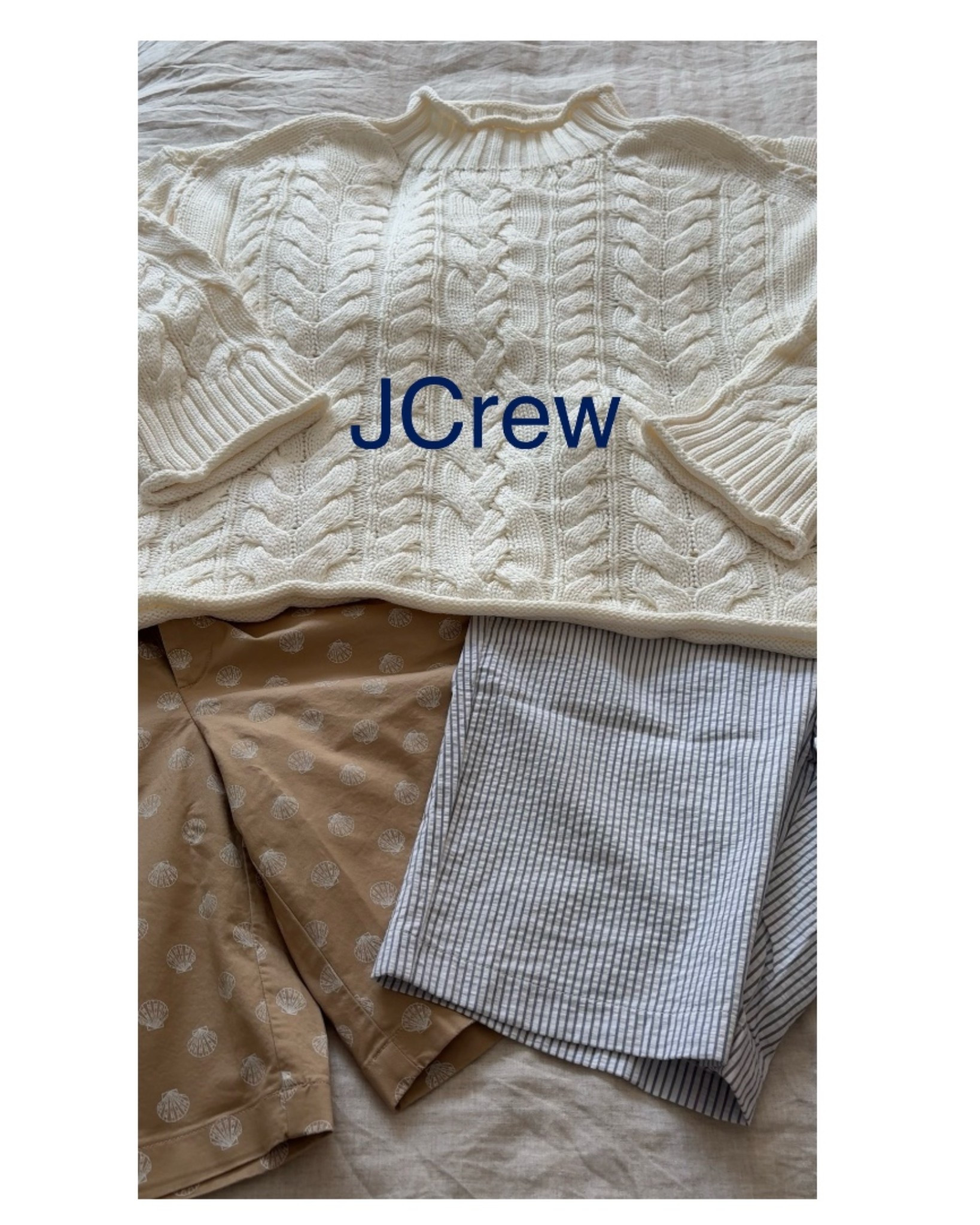 A mix of cable sweater and shells and seersucker 💙#shorts #sweater #bermuda

#LTKootd