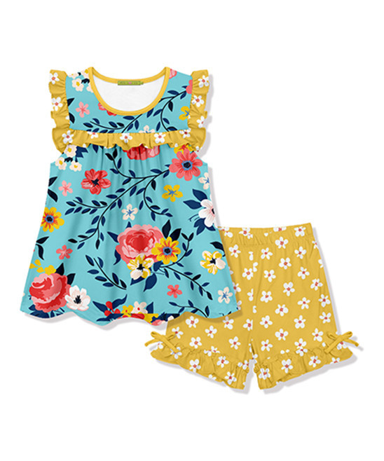 Millie Loves Lily Girls' Casual Shorts - Turquoise & Yellow Floral Angel-Sleeve Top & Shorts - Toddl | Zulily