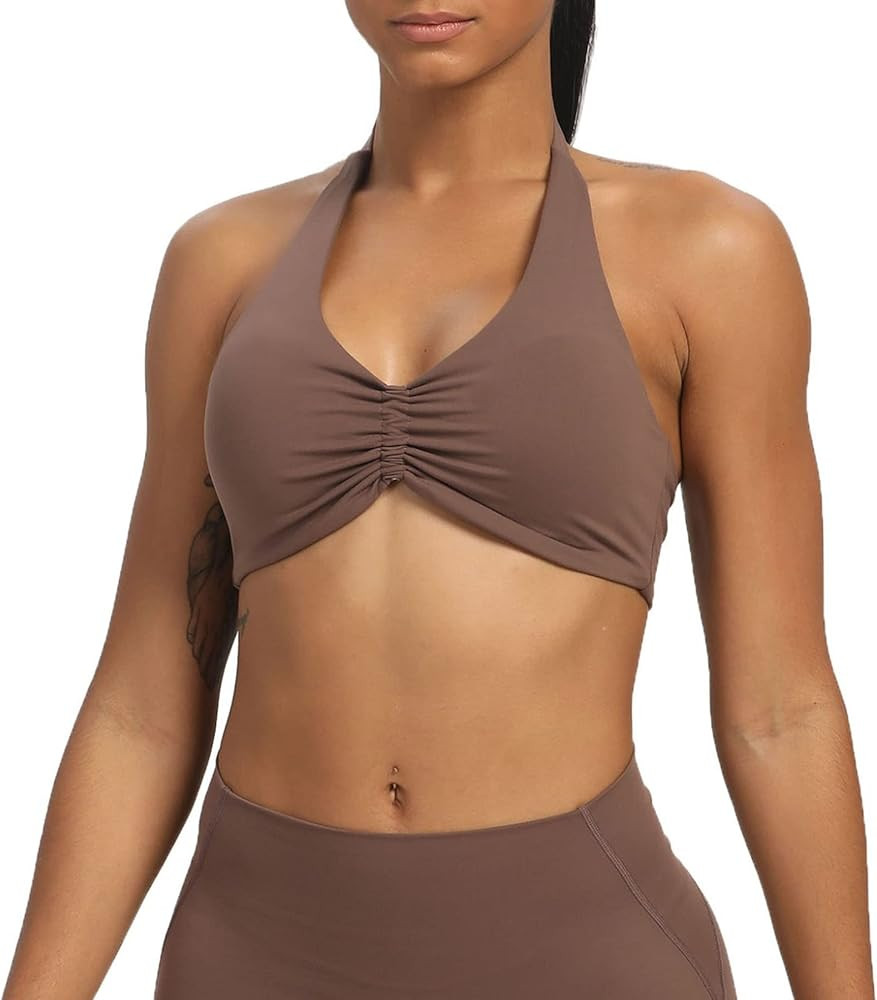 Aoxjox Women's Workout Sports Bras Fitness Backless Padded Taylor Scrunch Halter Bra Yoga Crop Ta... | Amazon (US)