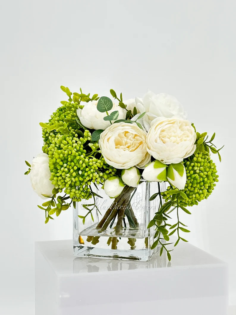 White Peonies and Green/white Real Touch Rose, Berries, Arrangement Artificial Faux Centerpiece, ... | Etsy (US)