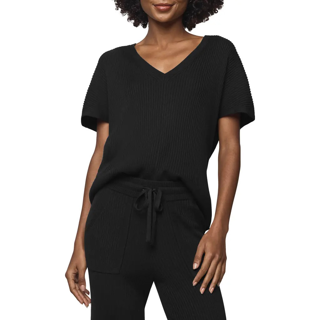 Splendid Georgie V-Neck Short Sleeve Rib Sweater in Black at Nordstrom, Size X-Large | Nordstrom