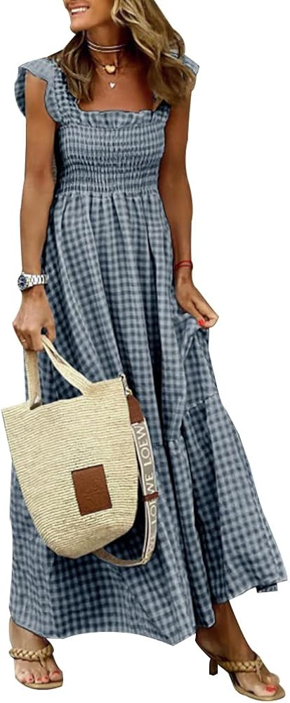 Sleeveless Maxi Dress for Women Gingham Dress Plaid Dress Scoop Neck Smocked Dress High Waist Flo... | Amazon (US)