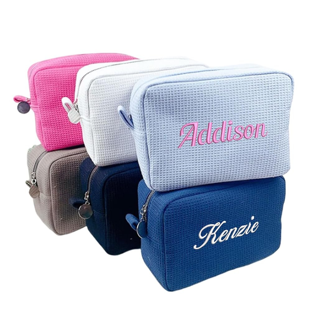GOPHIE Personalized Embroidered Waffle Makeup Bag - Large Custom Cosmetic Bag | Amazon (US)