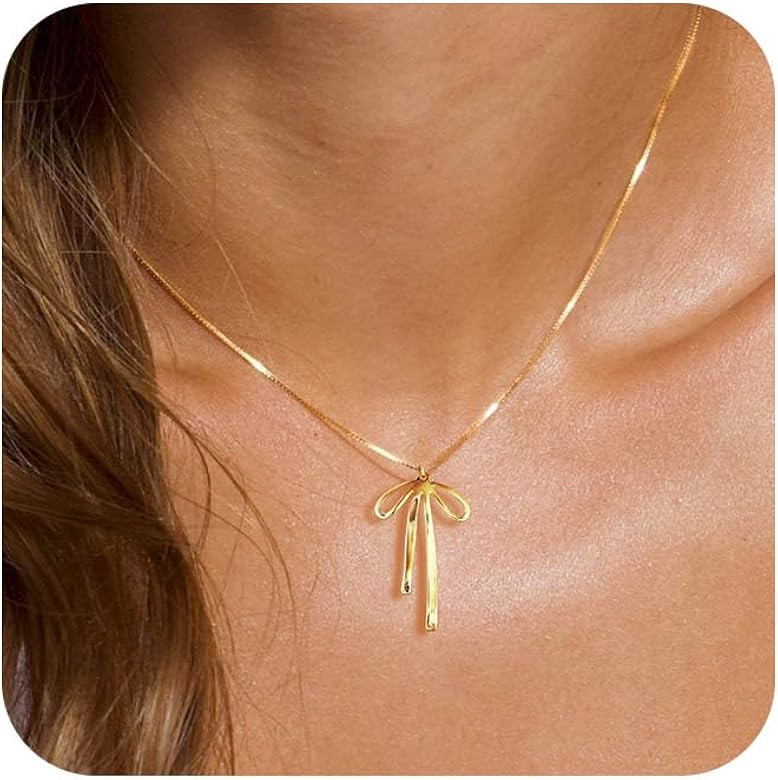 Gold Necklace for Women Trendy, Dainty Gold Bow Necklace 14K Gold Plated Necklace Cute Bow Pendan... | Amazon (US)