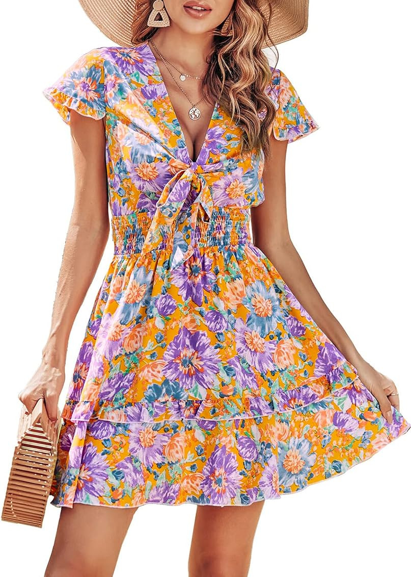 PRETTYGARDEN Women's Summer Swing Mini Dress Casual V Neck Short Sleeve Ruffle Tiered Layer A-Lin... | Amazon (US)