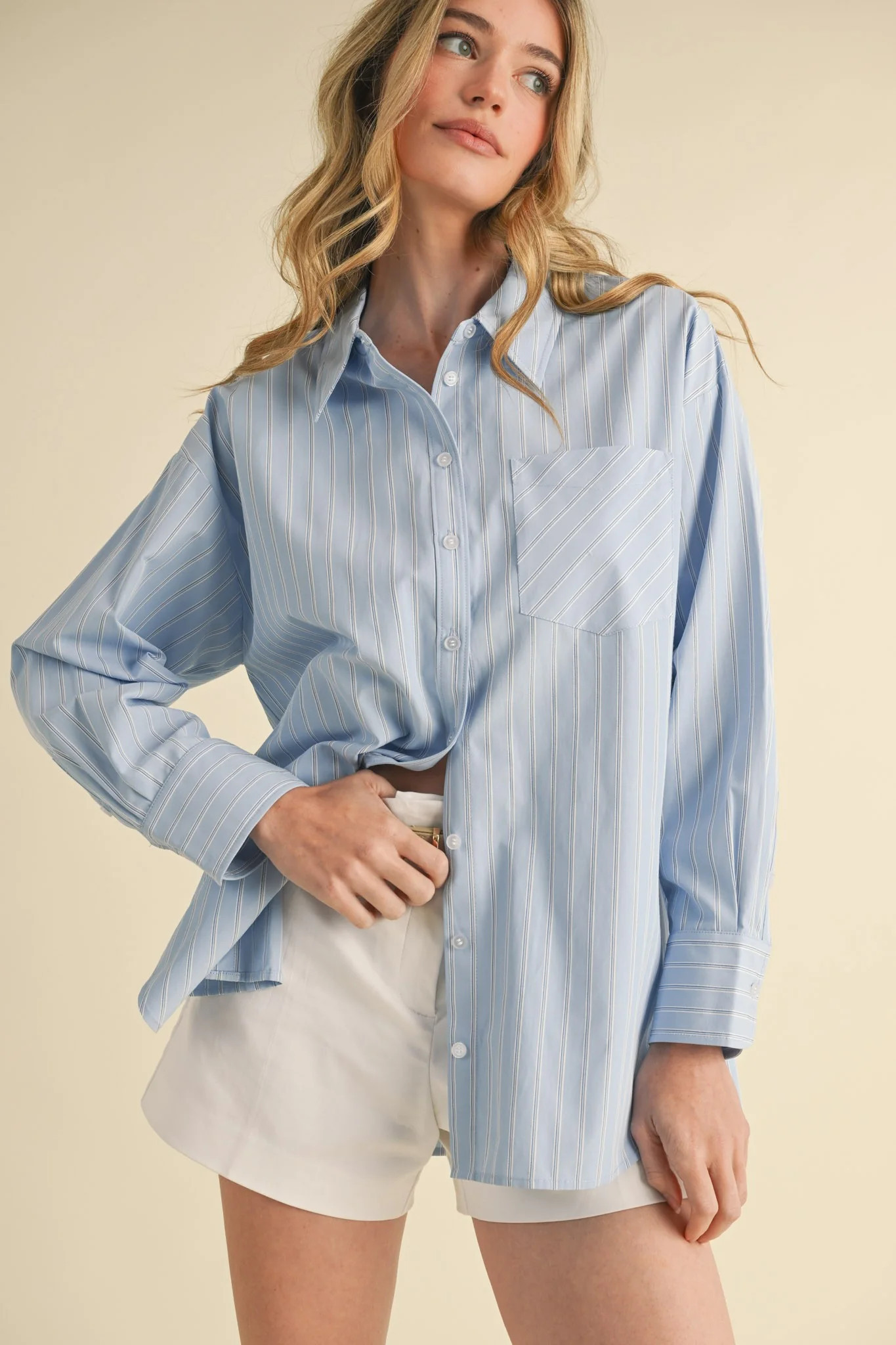 Light Blue Striped Button Down Oversized Shirt | PinkBlush Maternity