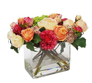 Faux Dahlia Garden Rose Arrangement in Square Glass Vase | Pottery Barn (US)