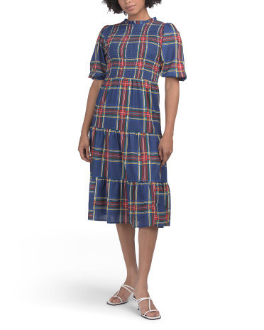 Plaid Puff Sleeve Midi Dress for Women | Polyester/Spandex/Cotton | Marshalls
