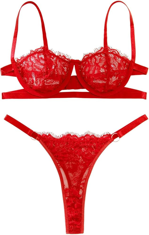 Lilosy Sexy Eyelash Underwire Floral Lace Sheer O Ring Linked Cutout Lingerie Set | Amazon (US)