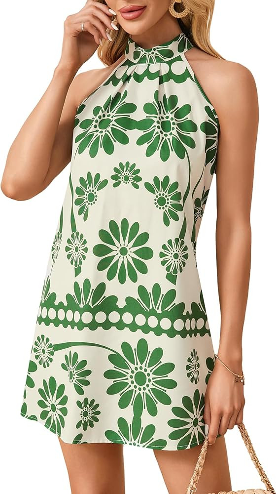 Floerns Women's Sleeveless Floral Print Sundress Halter Neck A Line Short Dress | Amazon (US)