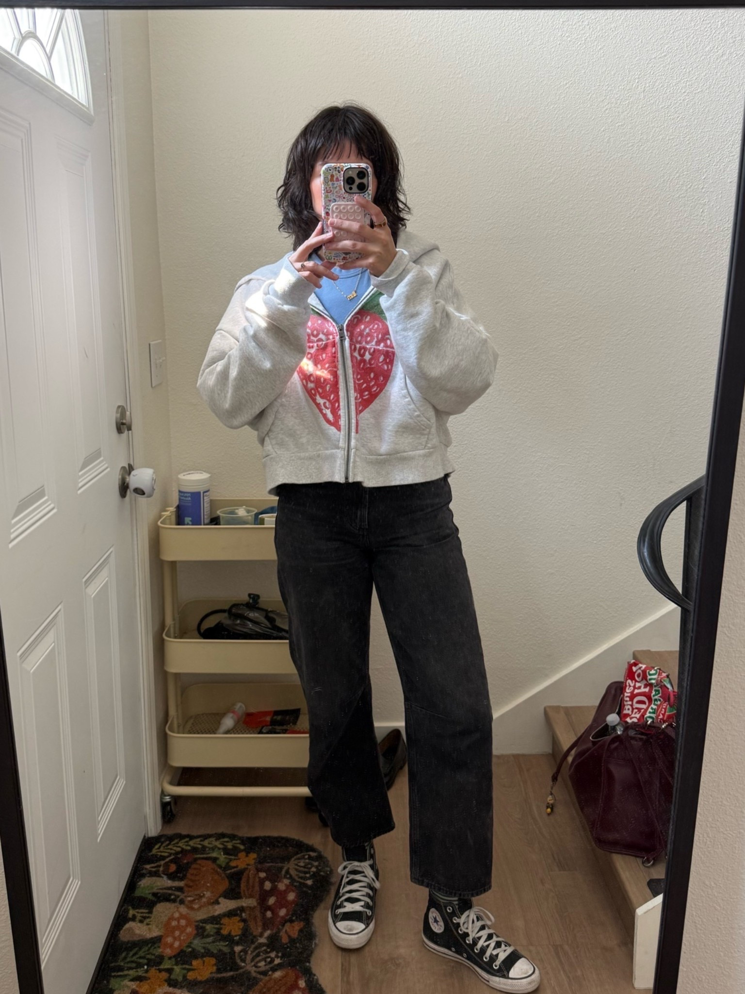 Aug 15 fit 🧁 shirt is Arq, bag is late to work (KT10), socks are beatenpathco! The hoodie is OLD but the same shape/grey shade is linked. 💫 jeans are definitely tts.