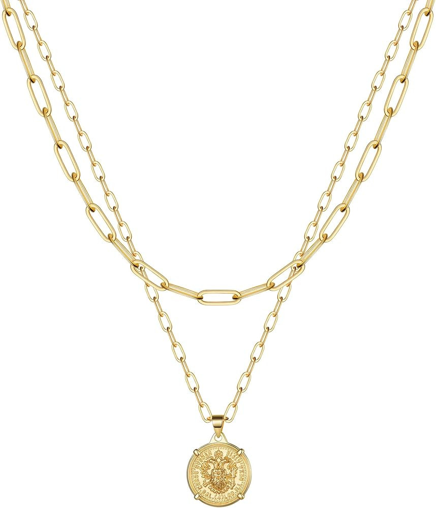 IEFSHINY Gold Layered Chain Necklaces for Women, 14K Gold Plated Butterfly Bar Coin Pendant Neckl... | Amazon (US)