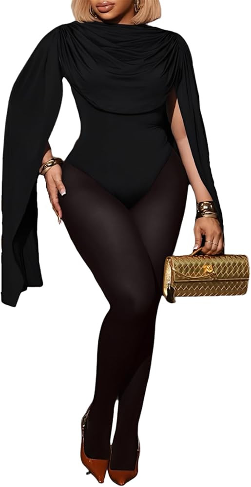 Ryehack Sexy Two Piece Outfits for Women Draped Cape Ruched Cowl Neck Bodysuit Top and Mesh Pants... | Amazon (US)