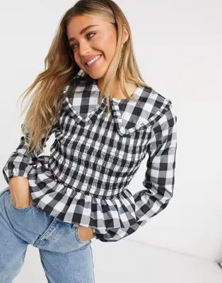 ASOS DESIGN checkered top with shirring and ruffle collar in black and white | ASOS (Global)