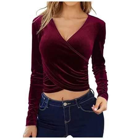 Crop Tops for Women Solid V-neck Long Sleeve Shirts Pullover Irregular Short Womens Sweatshirts Wine | Walmart (US)