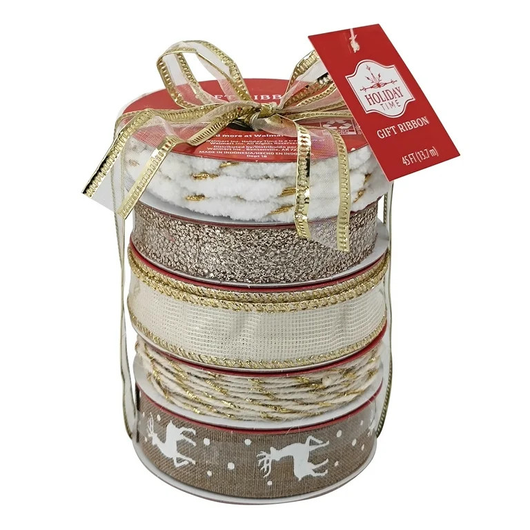 Assorted Beige and Gold Christmas Metallic Ribbon and Trim, 9', 5 Count, by Holiday Time | Walmart (US)