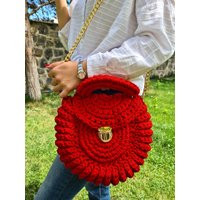 Crochet Bag, Handknit Macrame Granny Square Red Macrome Boho Purse, Retro Hippie Bag | Etsy (US)
