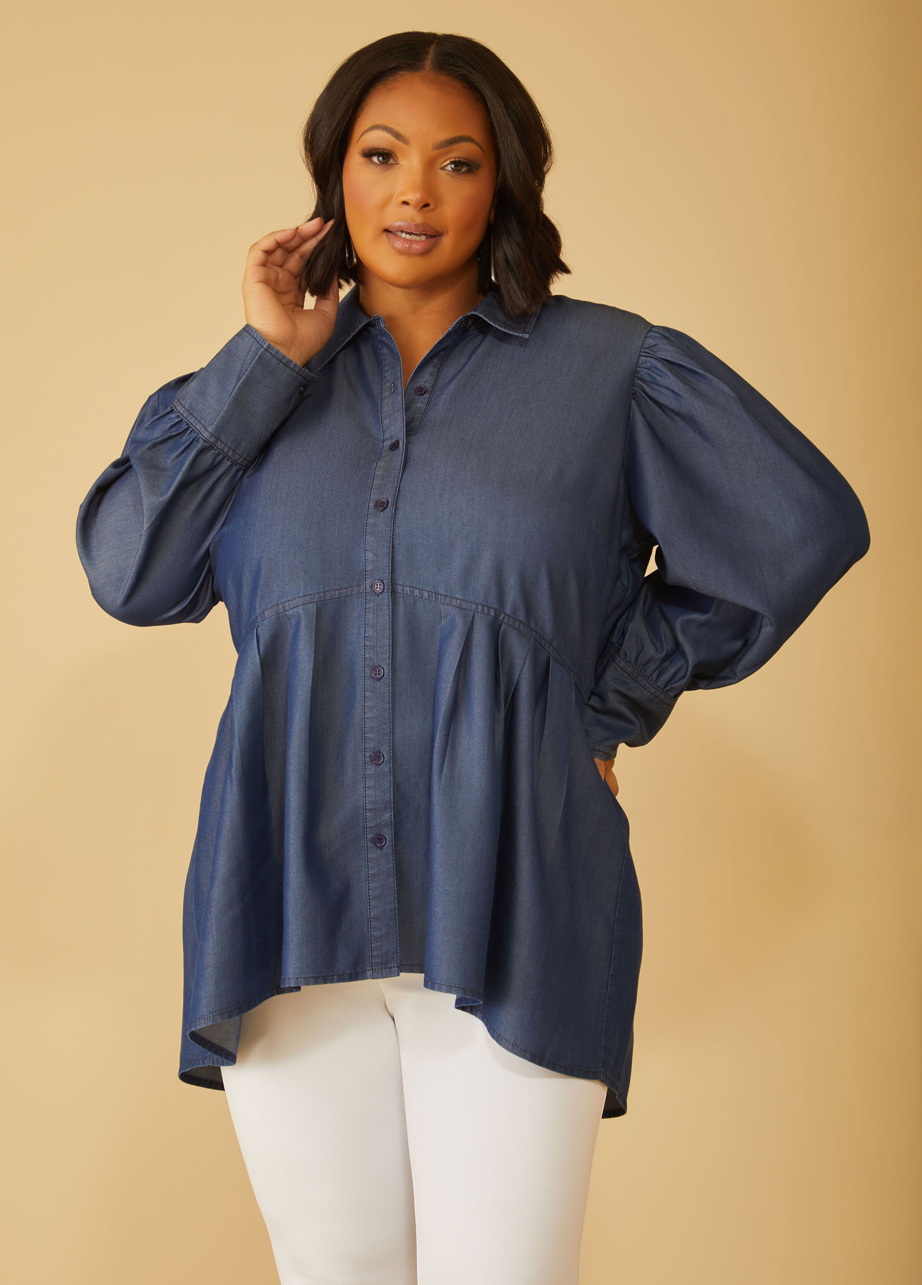 Hi Low Chambray Shirt | Ashley Stewart