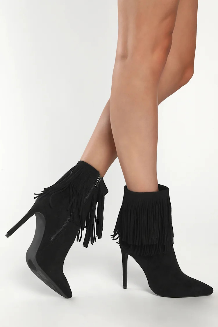 Seleste Black Fringe Pointed-Toe Mid-Calf Boots | Lulus (US)