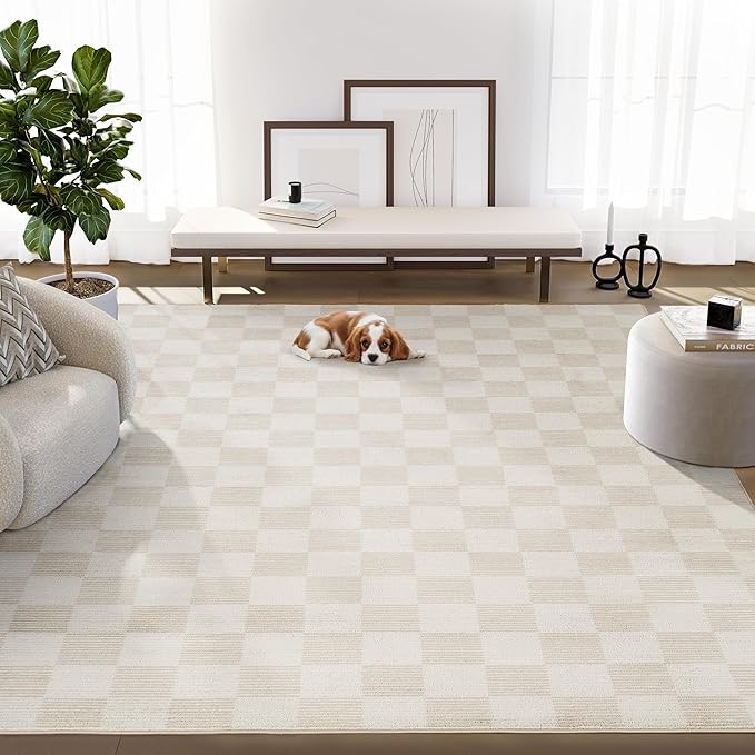 Abani Plush Deco Collection Cream Area Rug, 4' x 6' – Checkered Pattern, Machine Washable, Non-... | Amazon (US)
