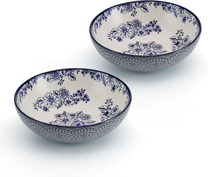 Pfaltzgraff Gabriela Blue Floral Set of 2 Pasta Bowls, 8 Inch, Blue and White | Amazon (US)