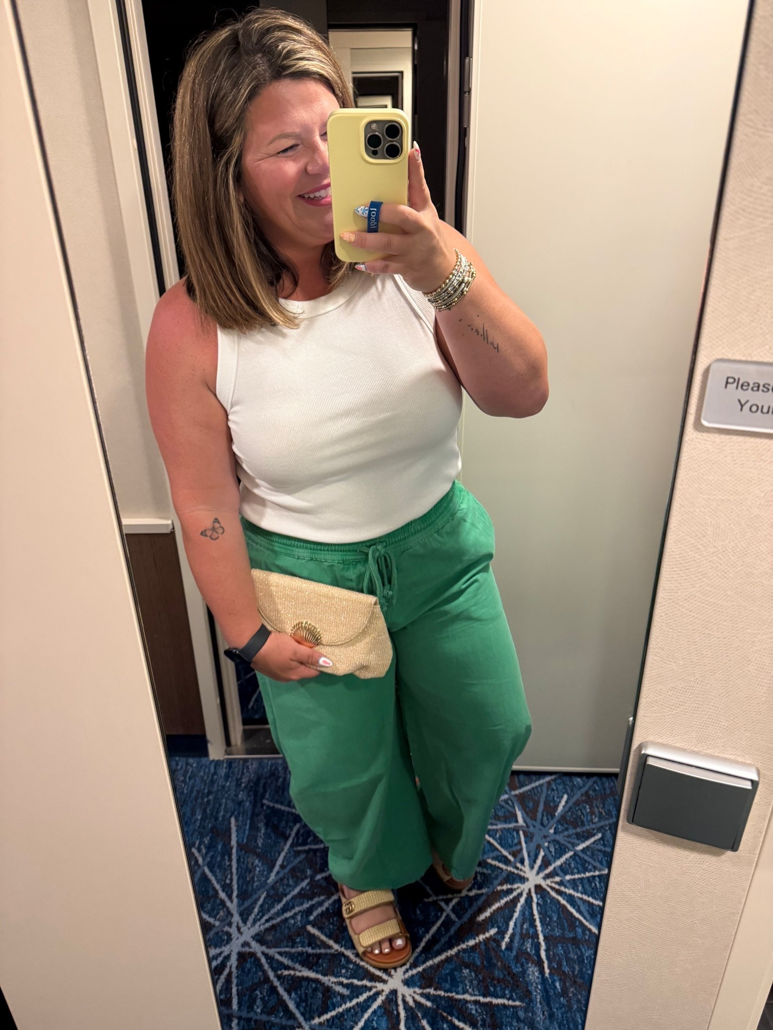 OOTN-night 6 🚢 
Old navy tank size xl comes in a ton of colors and 40% off 
FP barrel pant size medium comes in a bunch of colors 
Anthro clutch 

#LTKMidsize #LTKSaleAlert #LTKootd