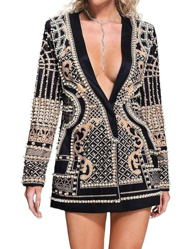 BELLA BARNETT Women's Black Blazer Dress, Pearl Print, Long Sleeve, V-Neck, Party | Amazon (US)
