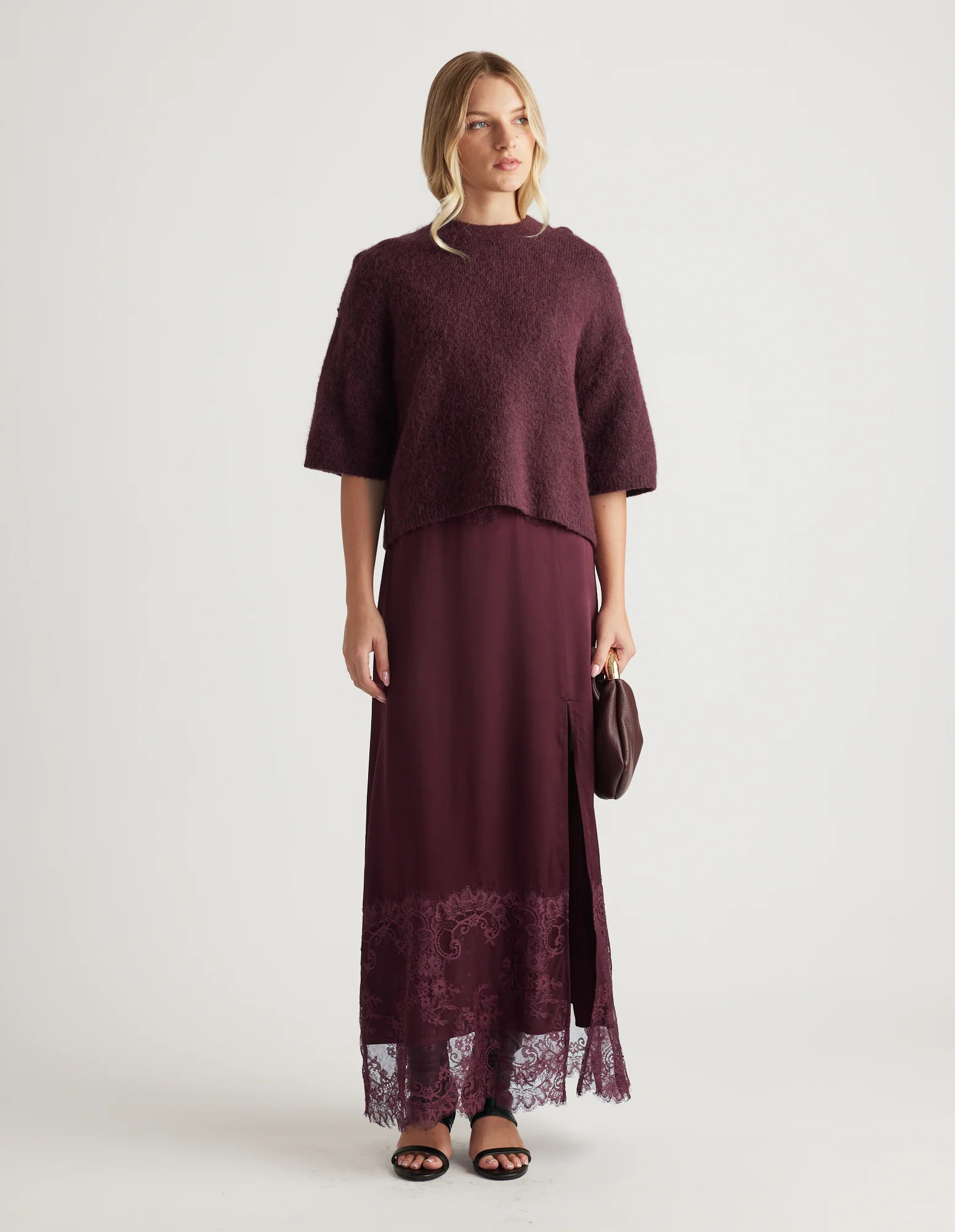 Lola Fluffy Knit Tee  - Burgundy | DECJUBA
