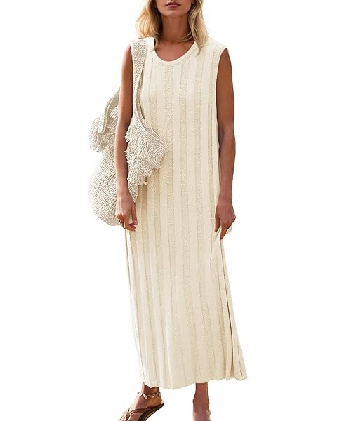 Fisoew Womens Crochet Sleeveless Dress Casual Summer V Neck Boho Knit Cover Up Beach Vacation Mid... | Amazon (US)